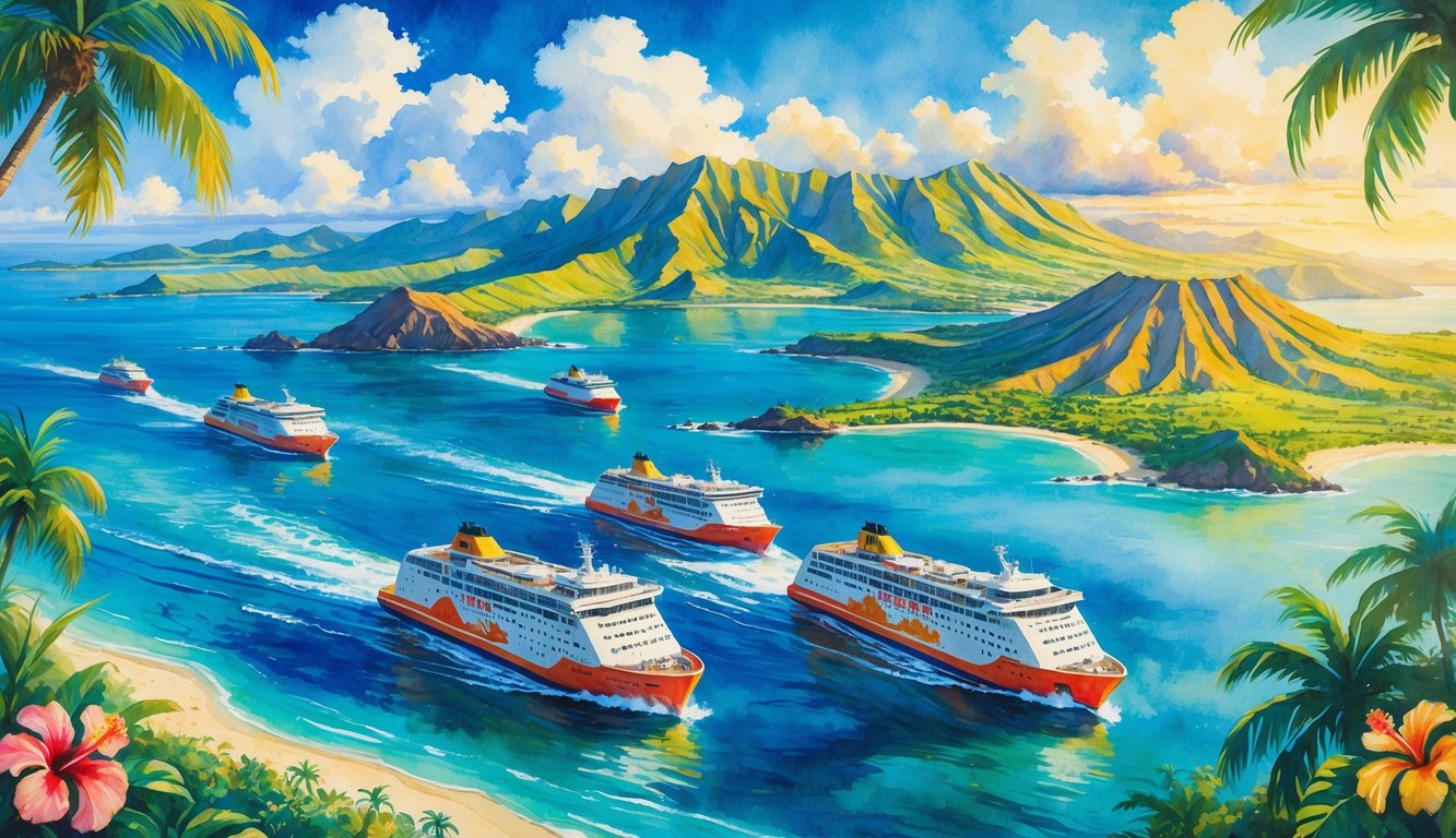 A view of several Hawaiian Islands with green mountains and beaches surrounded by blue ocean, with ferries traveling between the islands under a bright sky.