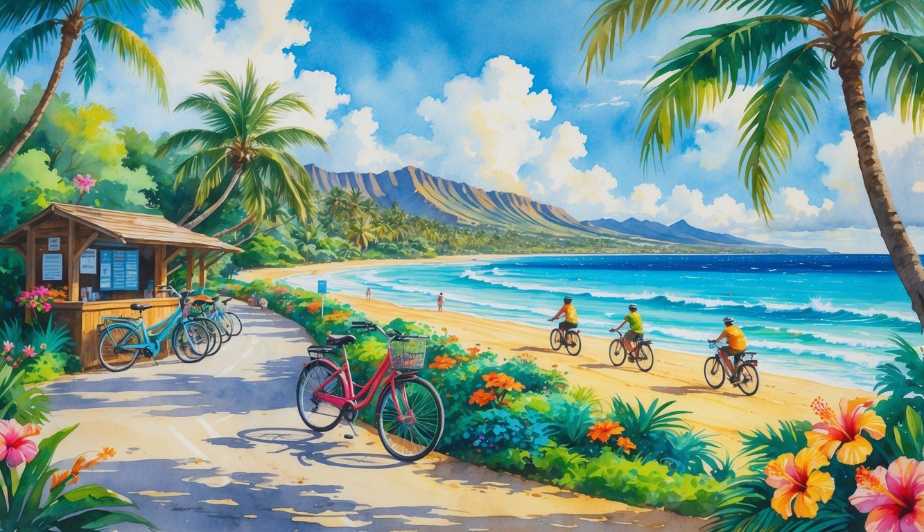 A coastal bike path in Hawaii with bicycles near a rental stand, palm trees, ocean waves, cyclists riding, and tropical flowers.
