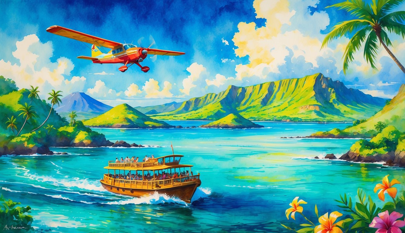 A seaplane flying over clear blue water with green islands below and a ferry boat sailing between the islands.