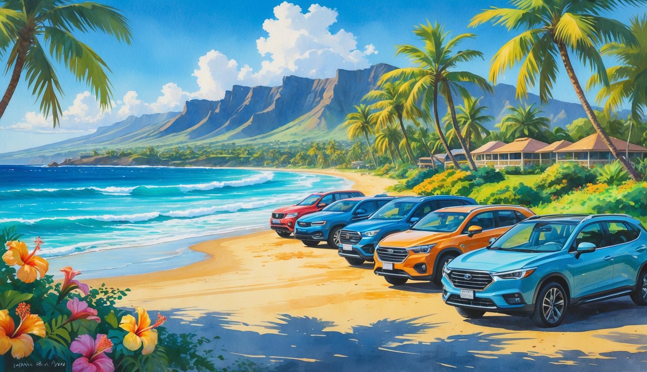 A coastal Hawaiian scene with rental cars parked along a beach road surrounded by palm trees, flowers, ocean, and mountains.