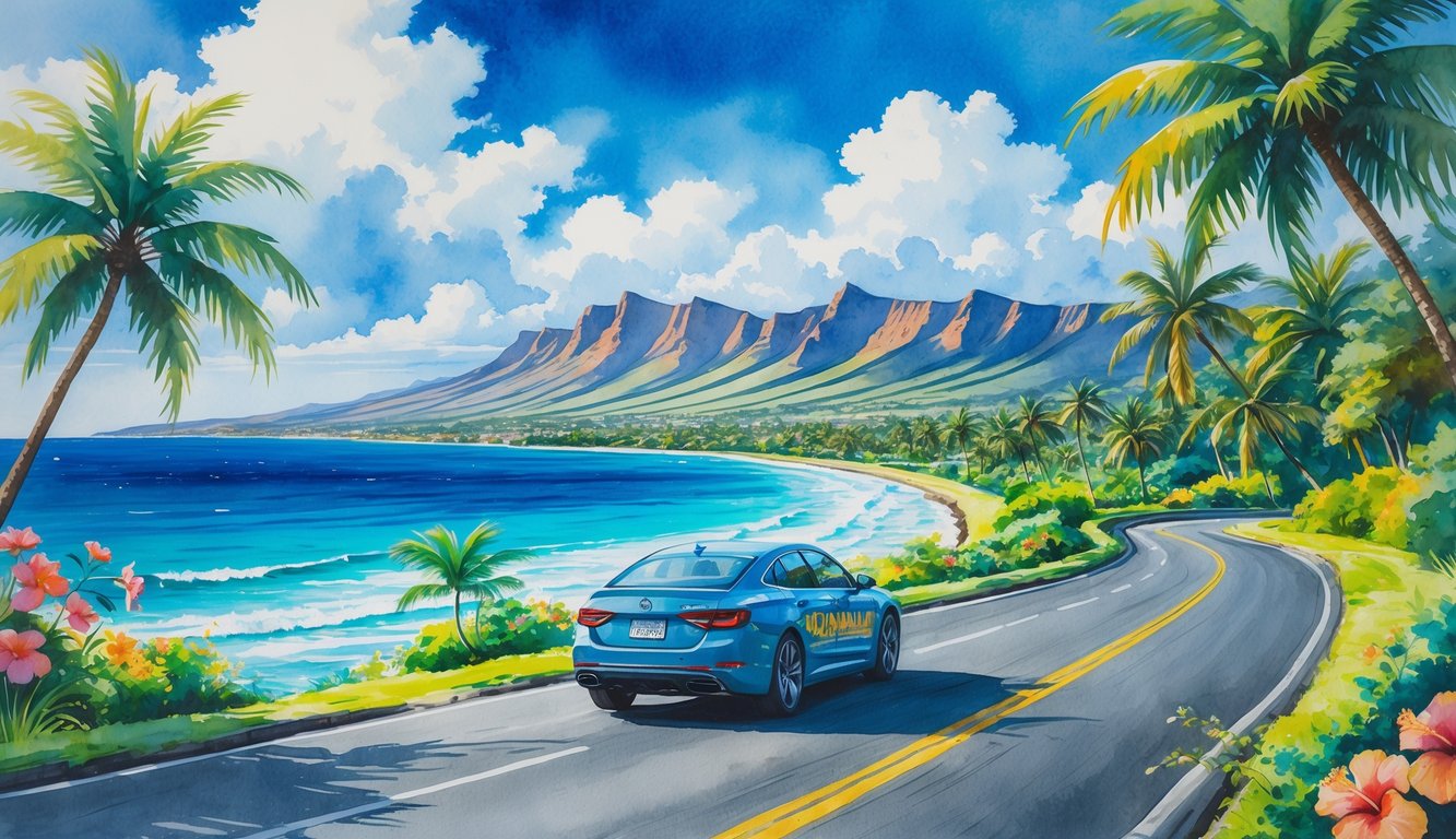 A coastal road in Hawaii with a rental car driving past palm trees, tropical flowers, ocean, and volcanic mountains.