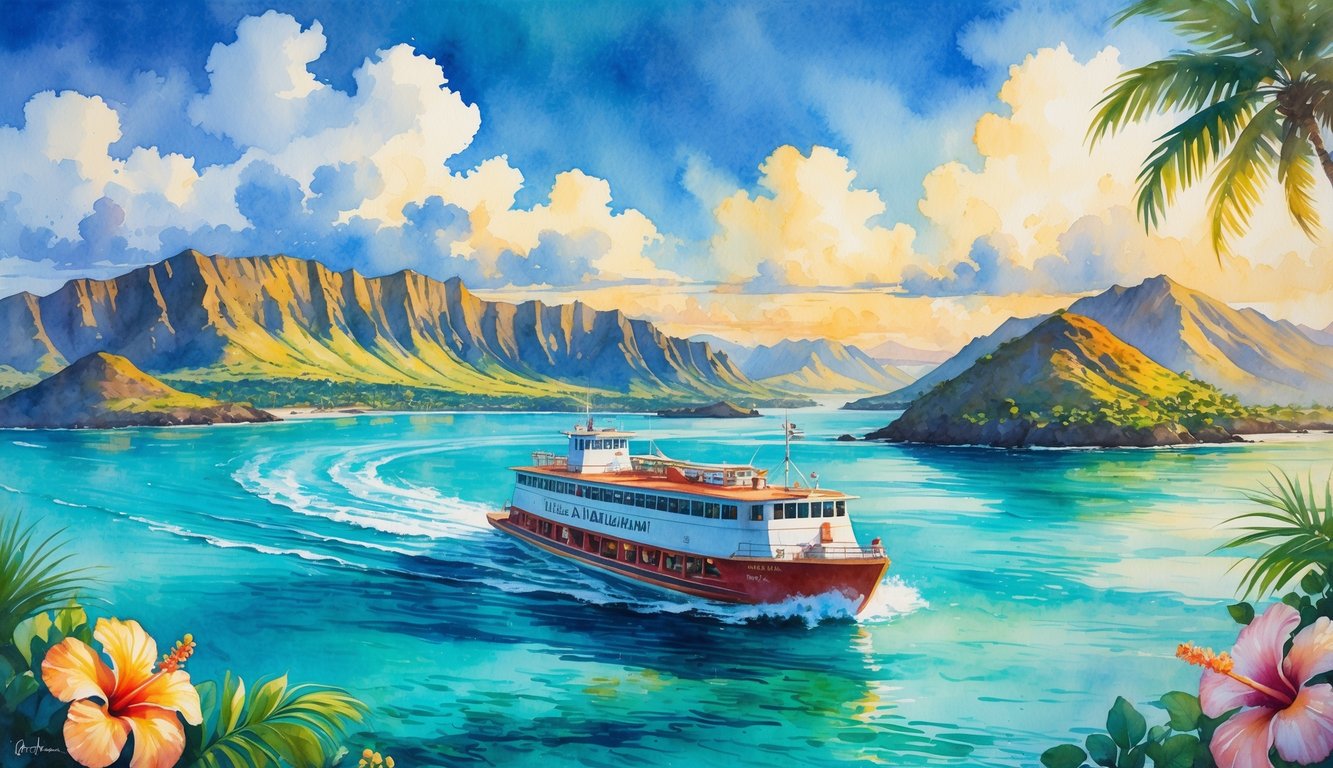 A ferry boat sailing between lush Hawaiian islands with mountains, palm trees, and beaches under a bright sky.