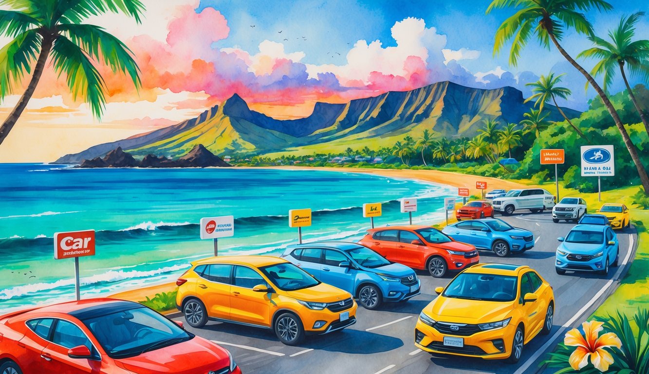 A colorful scene of a Hawaiian beach with palm trees, parked rental cars in various colors along a coastal road, mountains in the background, and tropical flowers nearby.