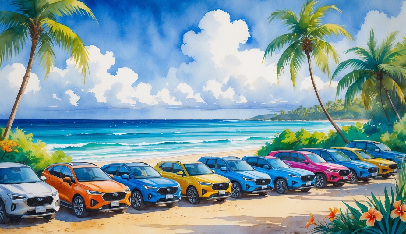 A coastal beach scene with several rental cars parked under palm trees near the ocean shore.