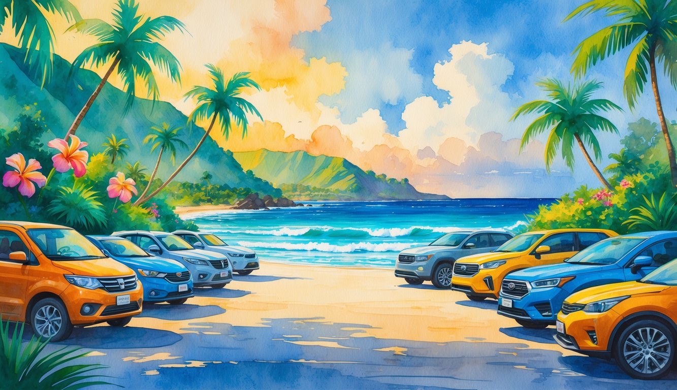 A coastal road in Hawaii with colorful cars parked near palm trees, mountains in the background, and the ocean nearby under a warm sunset sky.