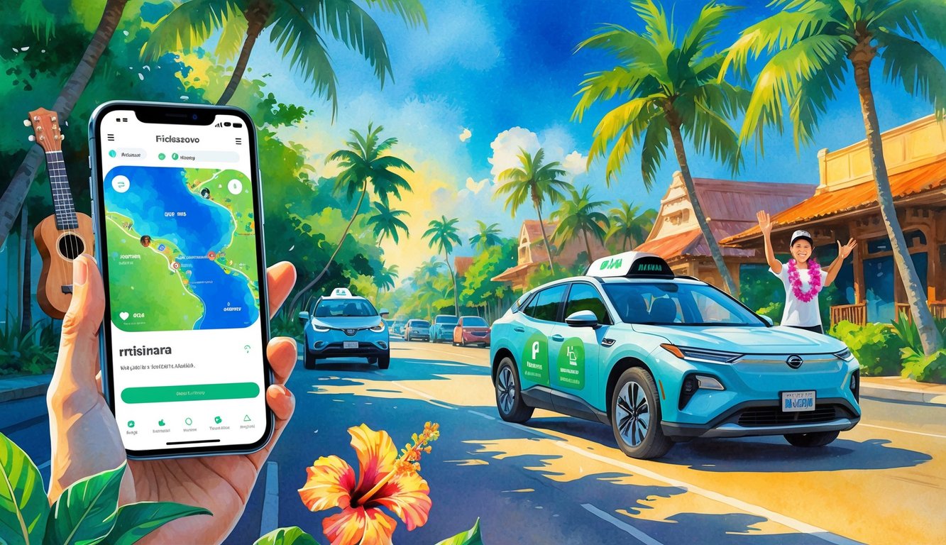 A Hawaiian street with palm trees and a driver waving from a car, a smartphone showing a rideshare app map nearby, surrounded by tropical plants and traditional buildings.