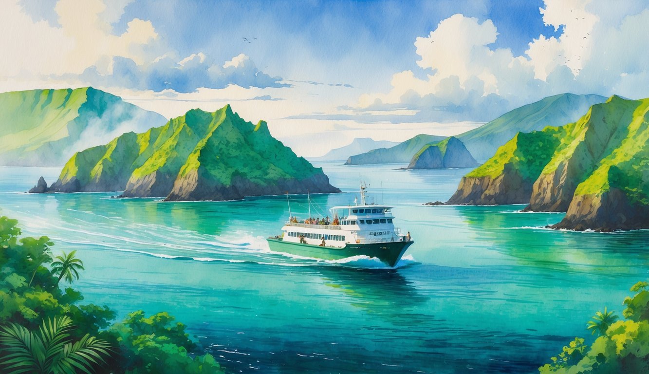 A small ferry boat sailing between green Hawaiian islands with volcanic cliffs and clear blue water under a partly cloudy sky.