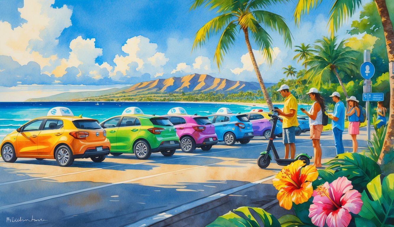 A tropical Hawaiian street with rideshare cars and scooters near palm trees and flowers, people using smartphones, ocean and mountains in the background.