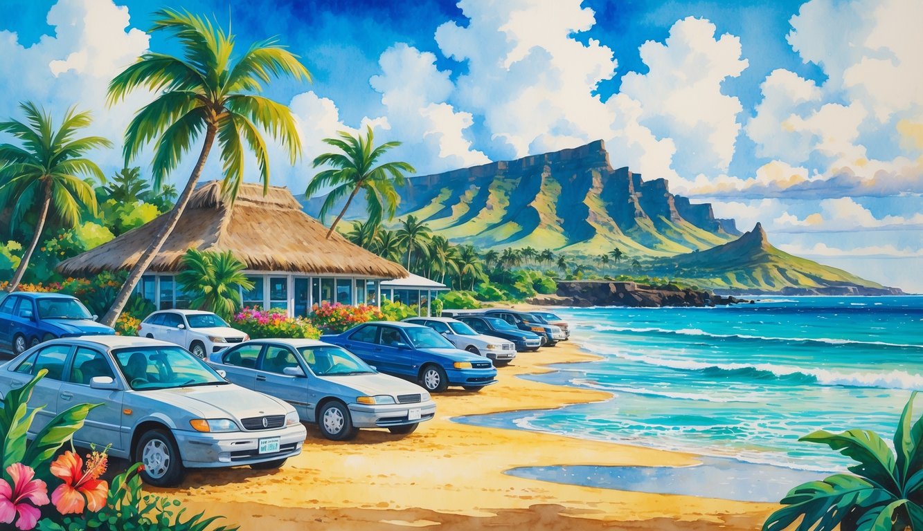 A tropical Hawaiian beach scene with parked rental cars, palm trees, mountains, and a small rental office near the shore.