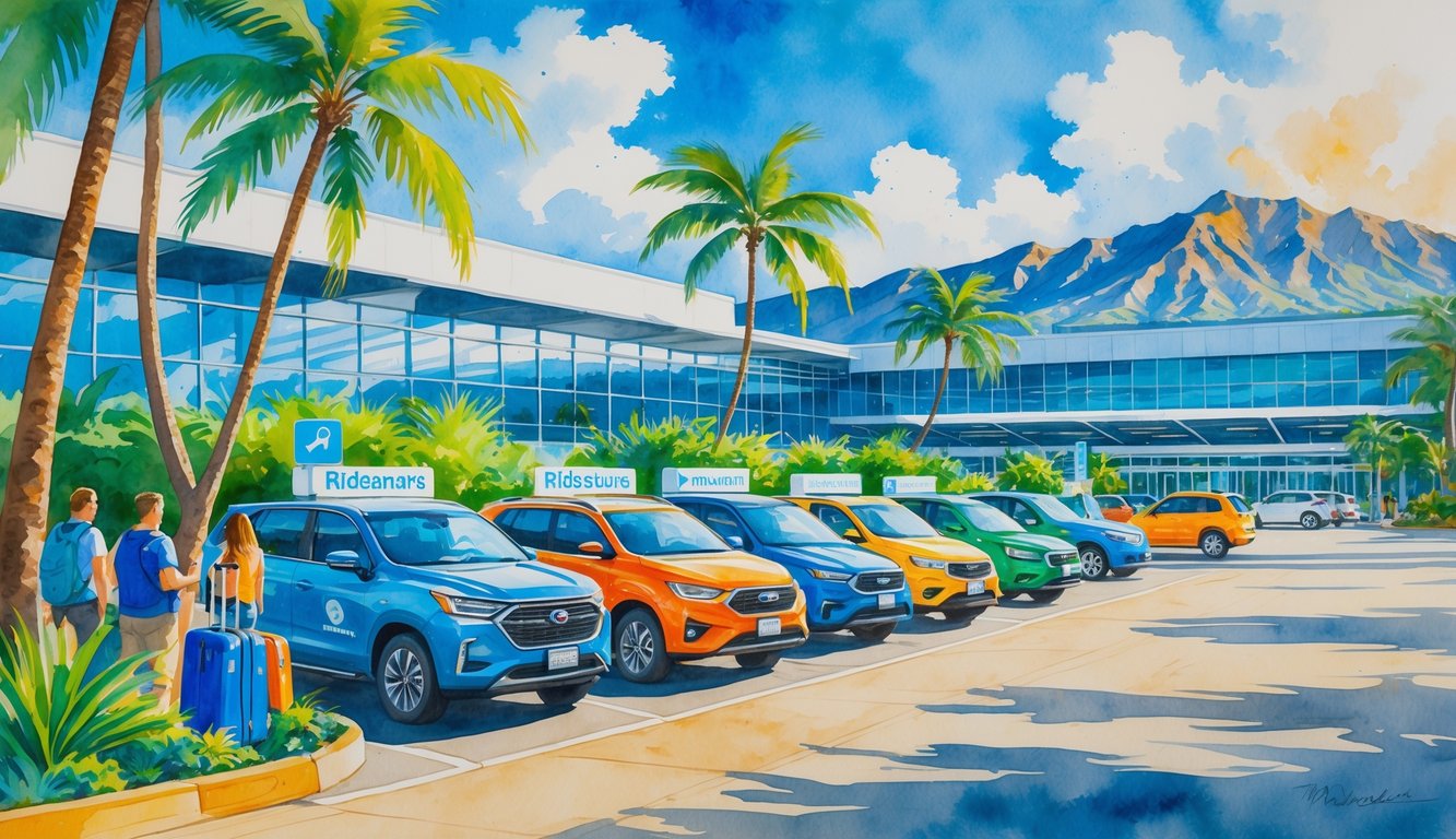 Travelers waiting with luggage near rideshare vehicles outside a Hawaiian airport terminal surrounded by palm trees and tropical plants.