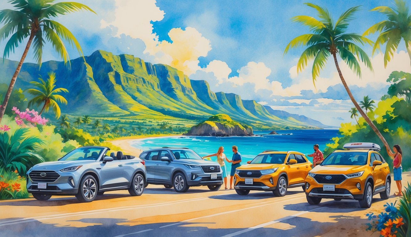 A coastal Hawaiian road with various rental cars parked near palm trees and mountains, showing travelers preparing for their trips.
