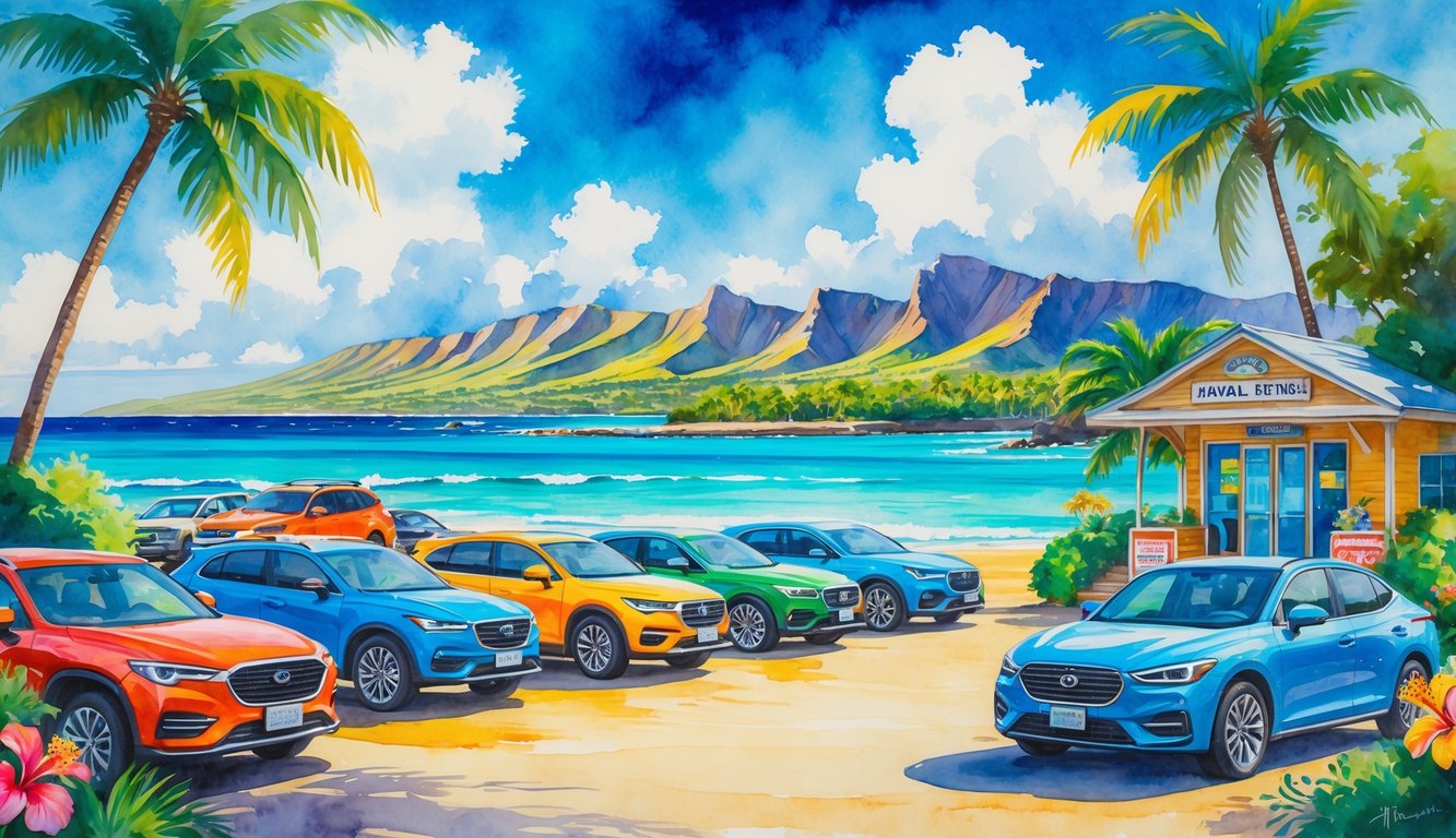 A tropical Hawaiian beach scene with rental cars parked near palm trees and mountains in the background.