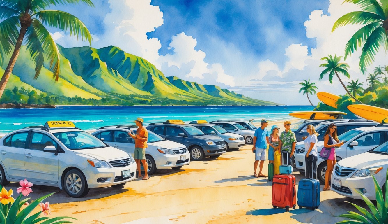 A coastal scene in Hawaii with rental cars parked along a palm-lined road, travelers interacting nearby, mountains in the background, and the ocean visible with a canoe.