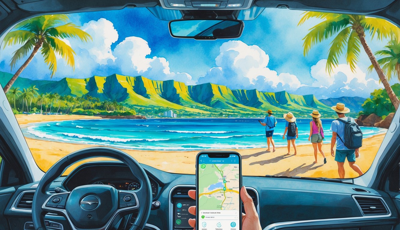 A scenic Hawaiian landscape with mountains, beach, ocean, a rideshare car with a person holding a smartphone showing a map, palm trees, and tourists exploring.