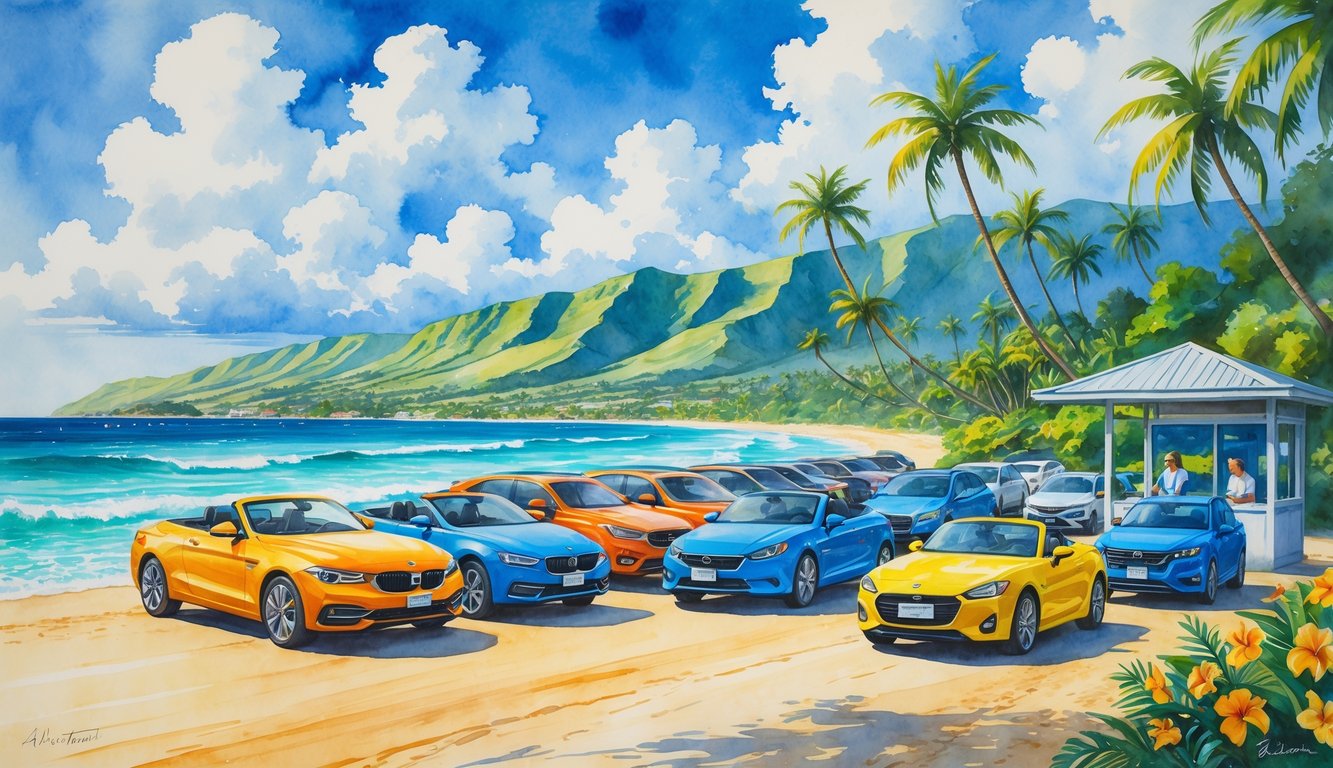 A sunny Hawaiian beach with rental cars parked near palm trees and mountains, showing a customer service kiosk by the shore.