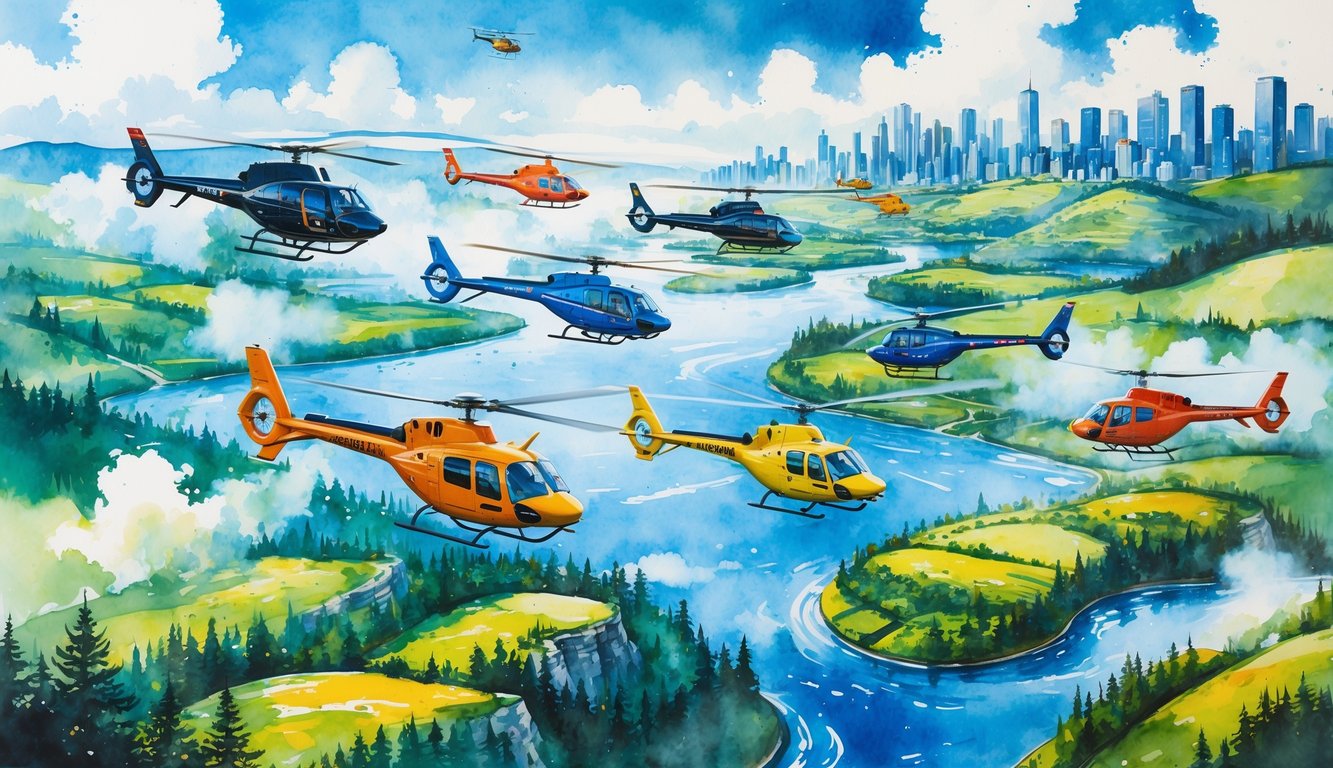 A colorful scene showing multiple helicopters flying over forests, rivers, and a city skyline under a bright sky.