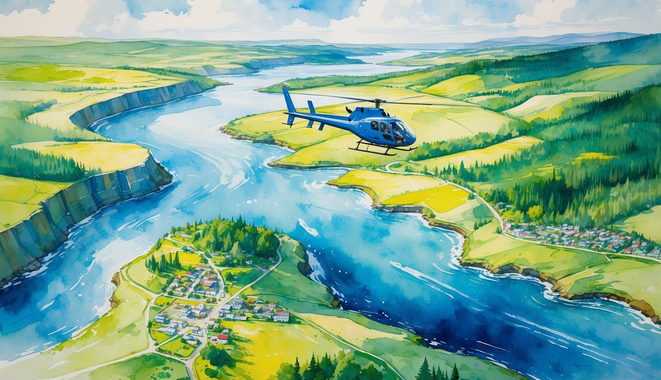 A helicopter flying over forests, rivers, coastline, and small towns with roads visible below.