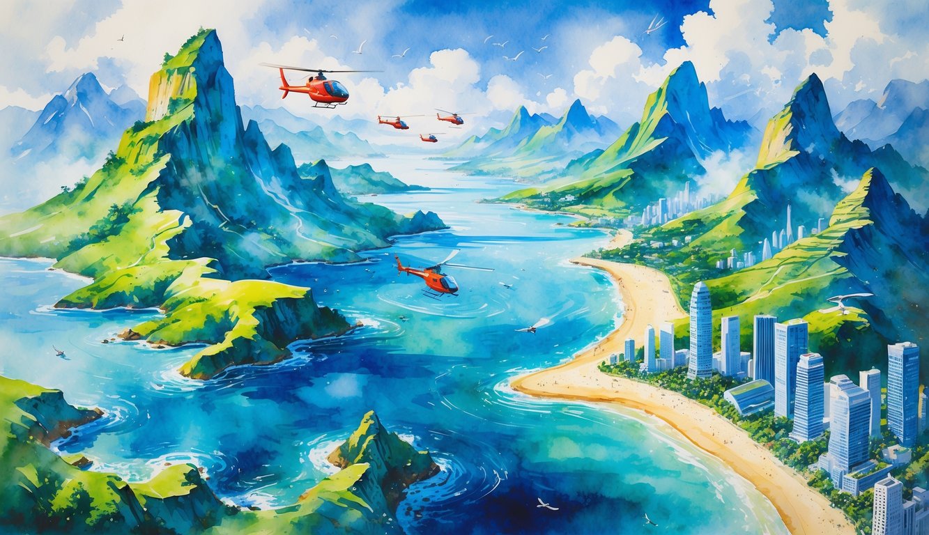 Aerial view of helicopters flying over mountains, rivers, coastline, and a city with skyscrapers.