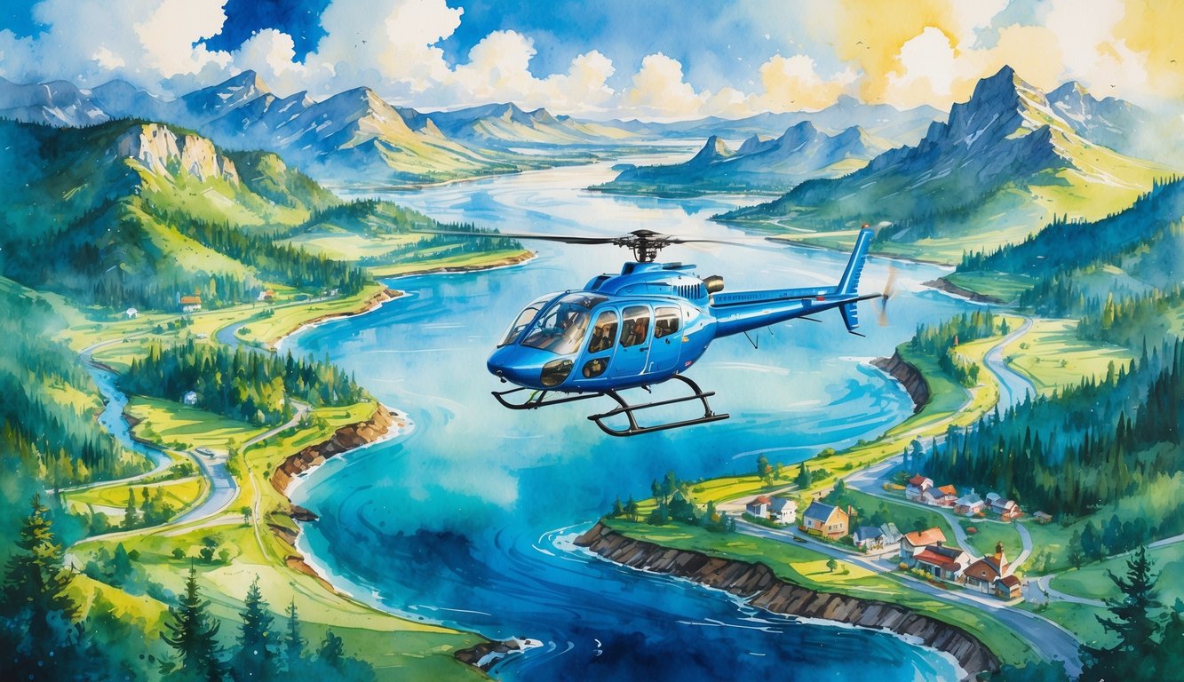 A helicopter flying over mountains, forests, rivers, and coastline with small towns visible below.