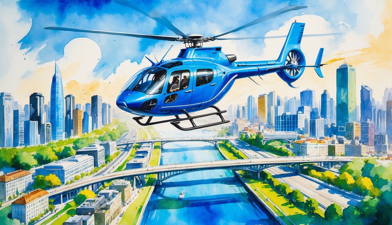 A helicopter flying over two connected cities with tall buildings, bridges, and rivers beneath it.