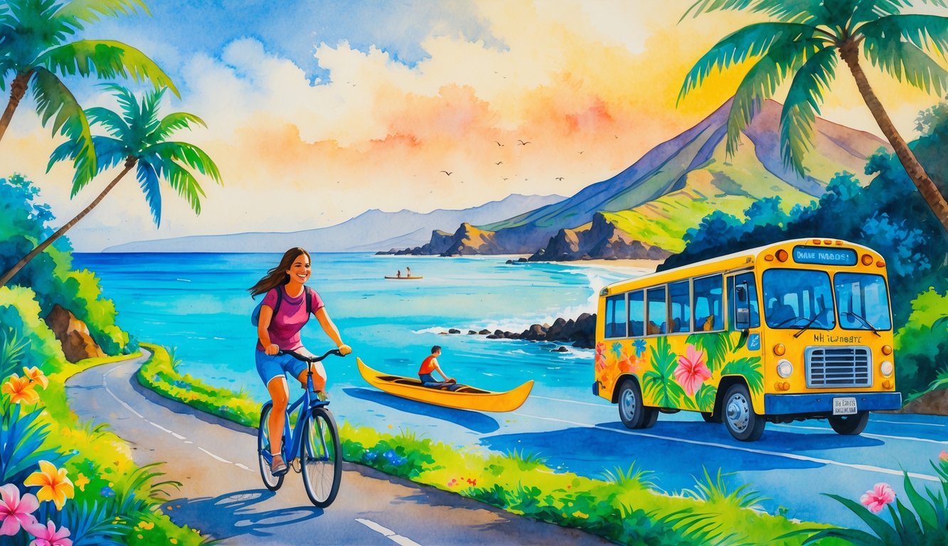 A person bicycling along a coastal path in Maui with a canoe on the water, a shuttle bus on a nearby road, palm trees, and volcanic hills in the background.