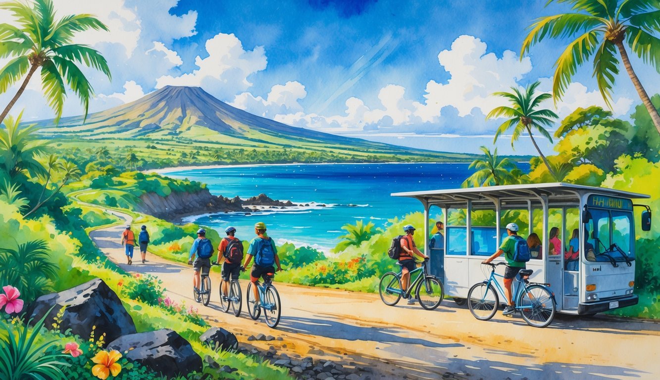 Travelers walking and biking along a coastal trail in Maui with palm trees, flowers, a bus stop, volcanic mountains, and the ocean in the background.