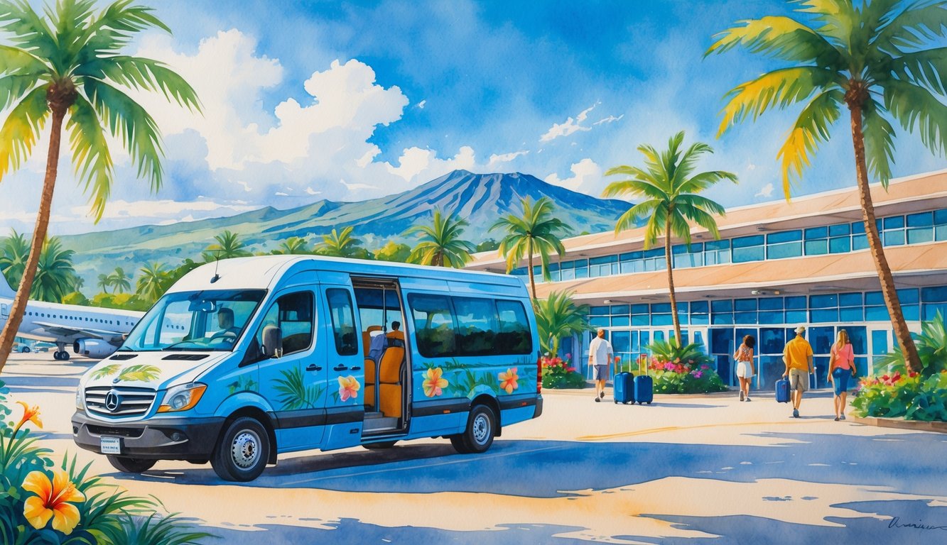 A Hawaiian airport shuttle van parked near a tropical airport terminal with palm trees, mountains, ocean, and travelers nearby.