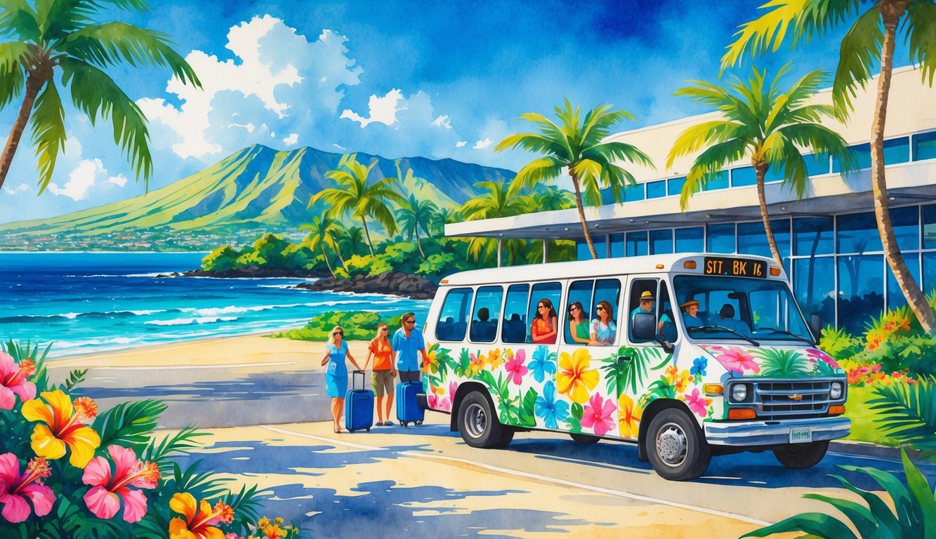 A shuttle van decorated with tropical flowers near an airport terminal surrounded by palm trees, with mountains and ocean in the background and people boarding the shuttle.