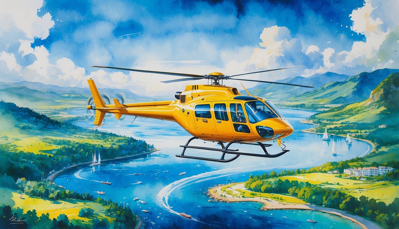 A helicopter flying over green forests, rivers, coastline, and mountains under a blue sky with clouds.
