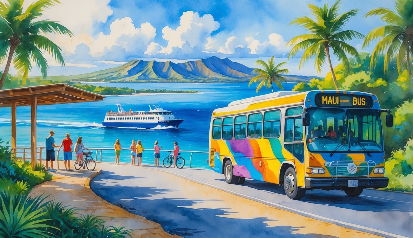 A coastal scene on Maui showing a bus on a road lined with palm trees, people waiting at a bus stop, a ferry on the water, and distant mountains under a sunny sky.
