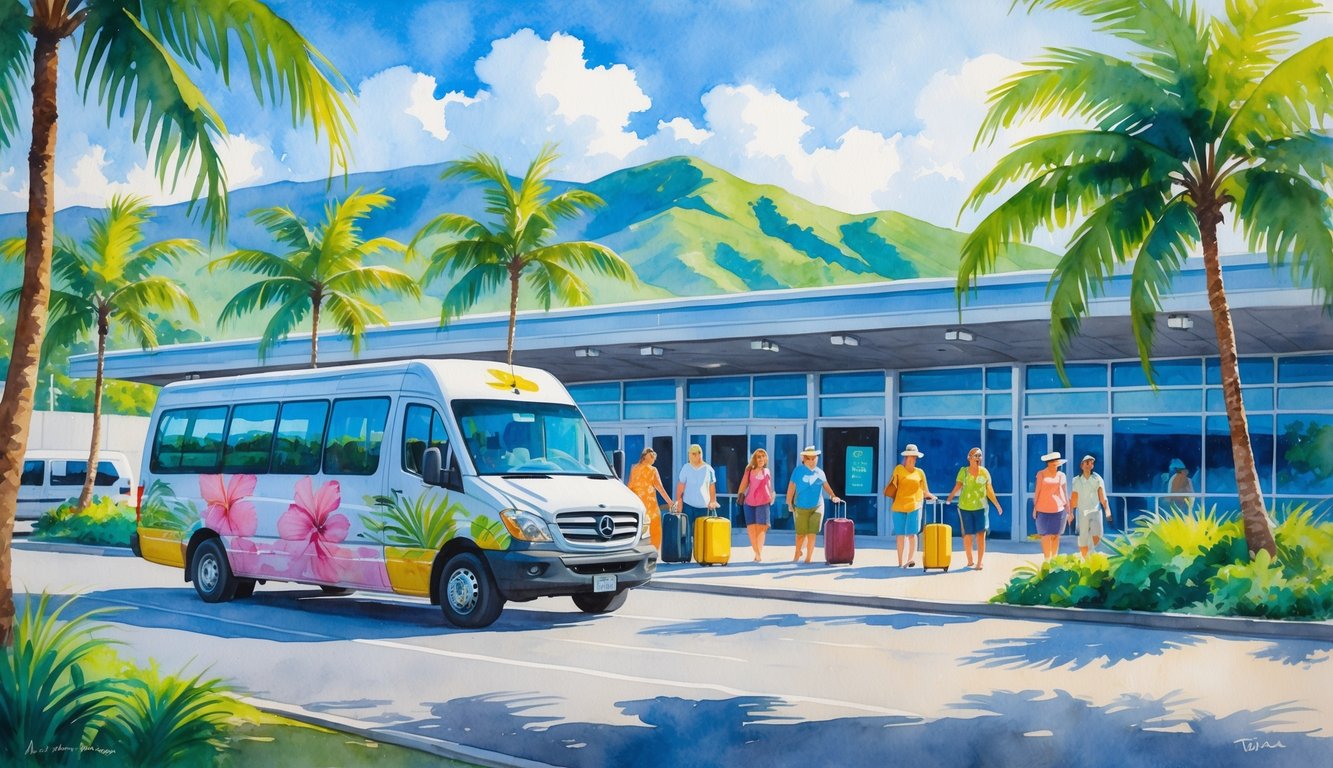A shuttle van parked near an airport terminal surrounded by palm trees and mountains, with passengers boarding the vehicle.