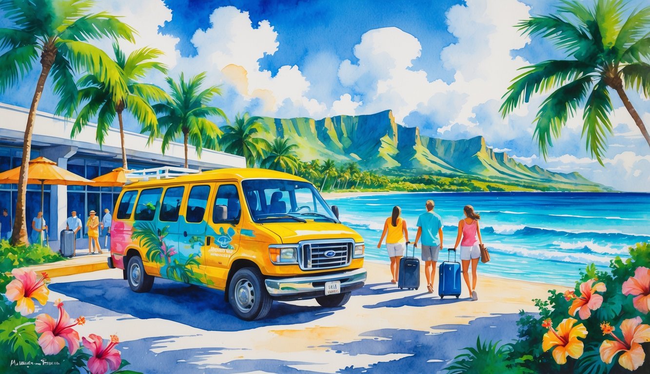 A shuttle van parked near a tropical airport terminal with palm trees, passengers walking with luggage, and Hawaiian islands with mountains and ocean in the background.