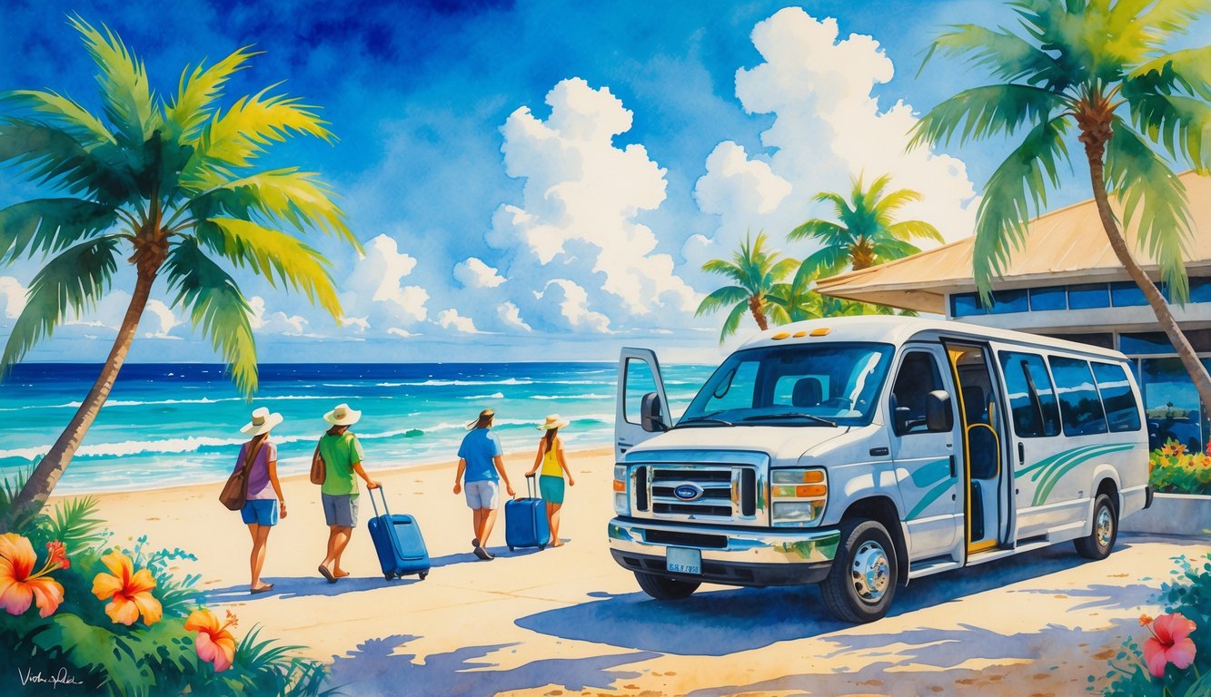A shuttle van parked near a tropical airport terminal with palm trees, flowers, ocean, and travelers walking toward the vehicle.