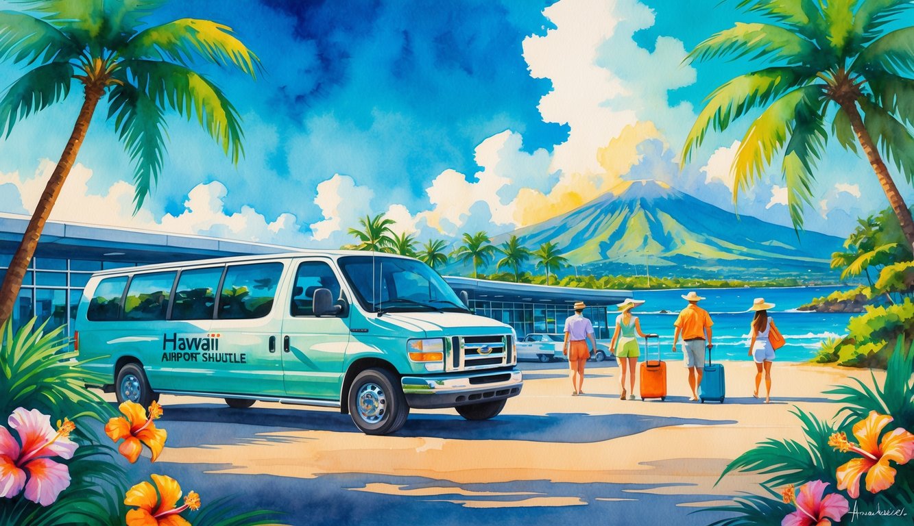 A Hawaiian airport shuttle parked near a tropical terminal with palm trees, mountains, ocean, and travelers walking with luggage.