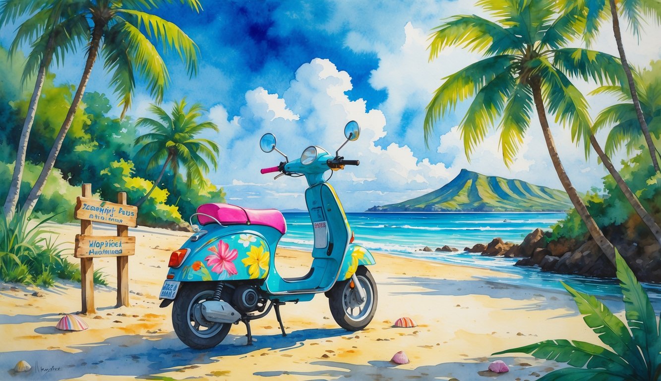 A colorful scooter parked on a tropical Hawaiian beach with palm trees, ocean, and mountains in the background, and a person approaching it.