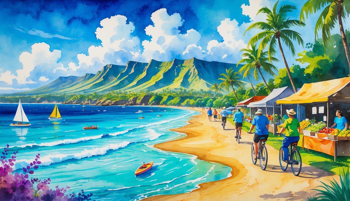 A coastal scene with people walking and biking along a path near the beach, tropical plants, mountains in the background, and boats on the water.