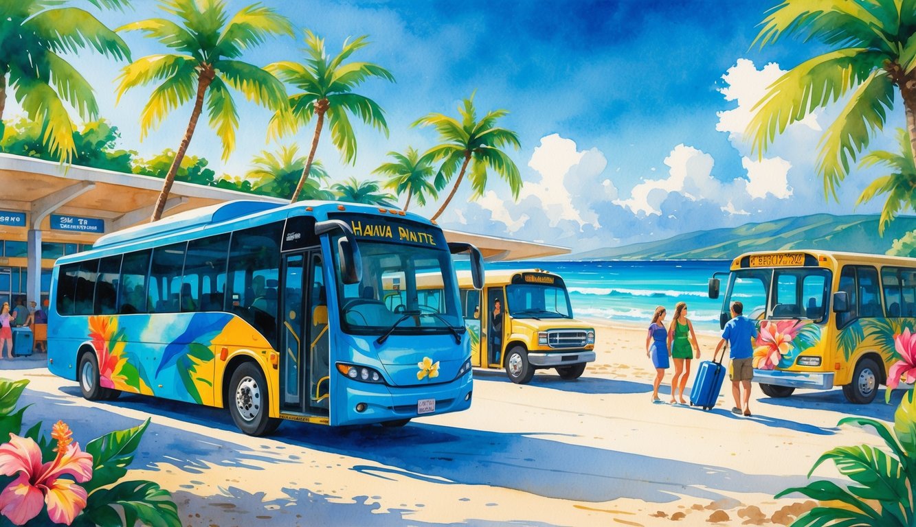 A Hawaiian airport shuttle bus near a tropical terminal with palm trees, tourists boarding, and the ocean in the background.