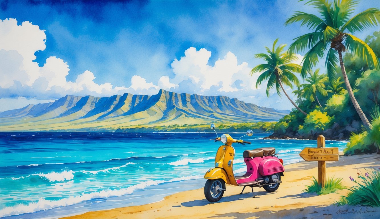A scooter parked on a sandy path near palm trees with the ocean and mountains in the background.