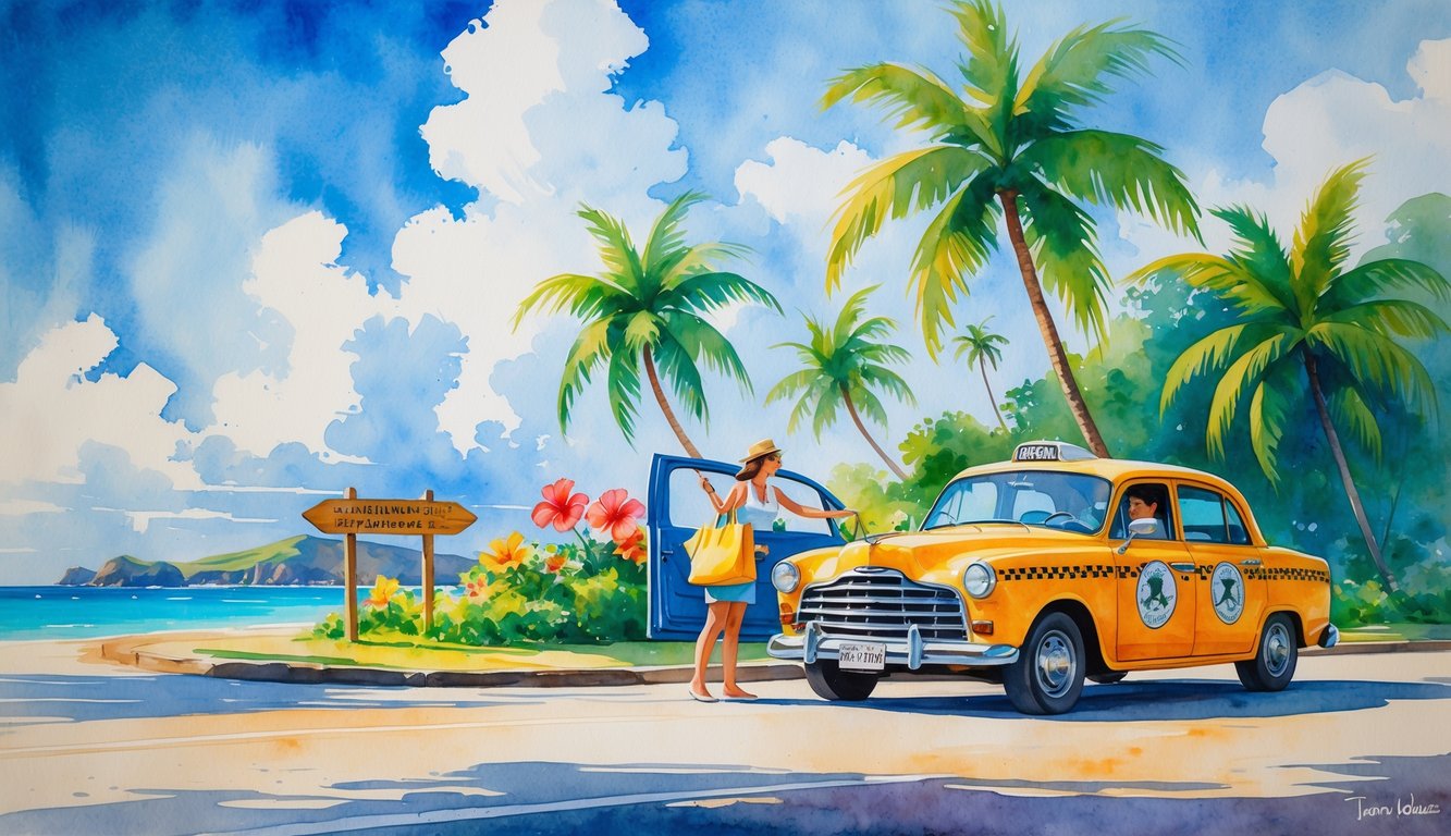 A sunny Hawaiian street with a colorful taxi, palm trees, flowers, and a taxi driver helping a passenger.