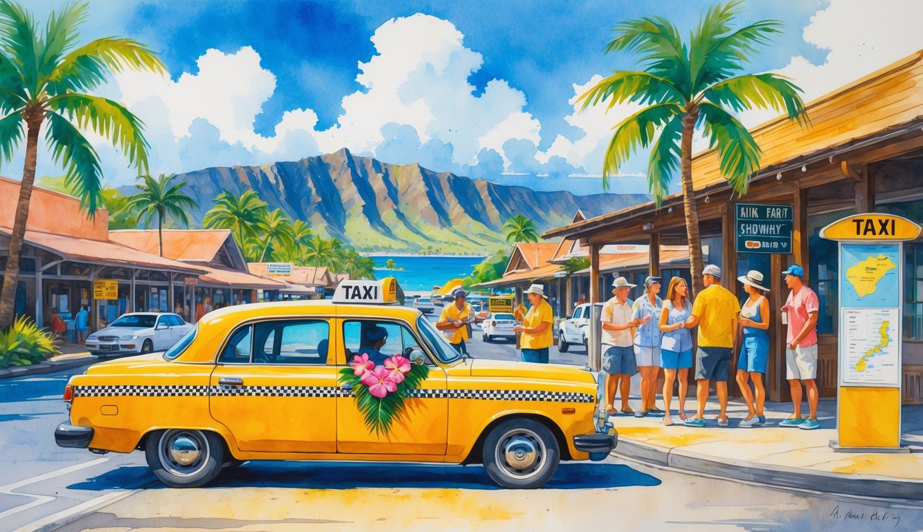 A Hawaiian street scene with a yellow taxi, people interacting with a taxi driver, palm trees, tropical flowers, and mountains in the background.