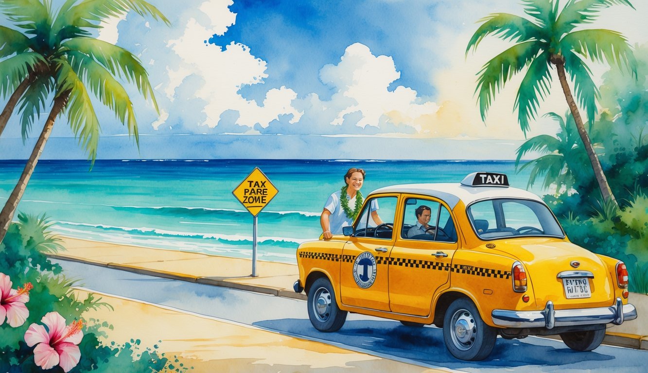 A Hawaiian street scene with a yellow taxi near palm trees and flowers by the ocean, showing a driver helping a tourist with luggage.