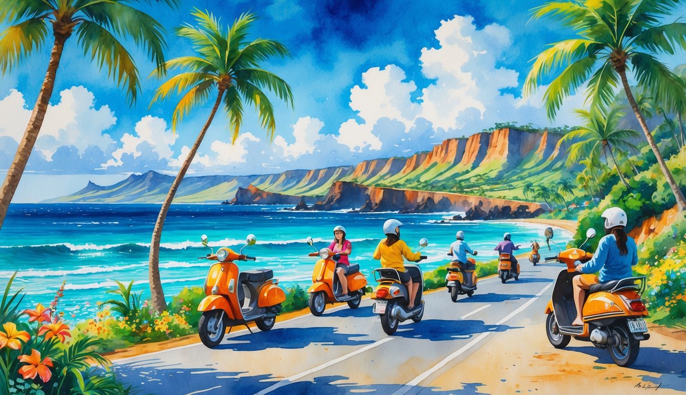 A coastal road in Hawaii with scooters, palm trees, ocean waves, and volcanic mountains in the background under a clear sky.