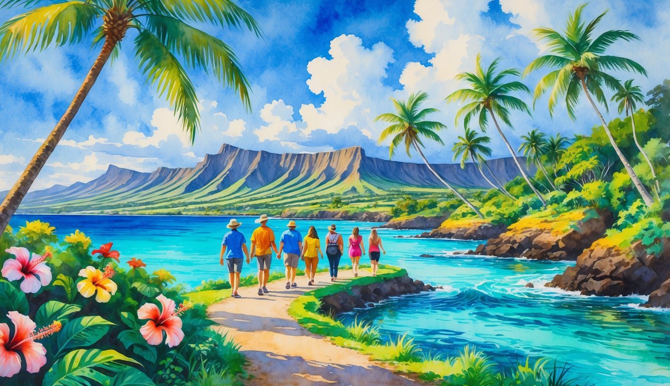 A tropical coastal trail in Hawaii with palm trees, colorful flowers, mountains, and people walking along the path.