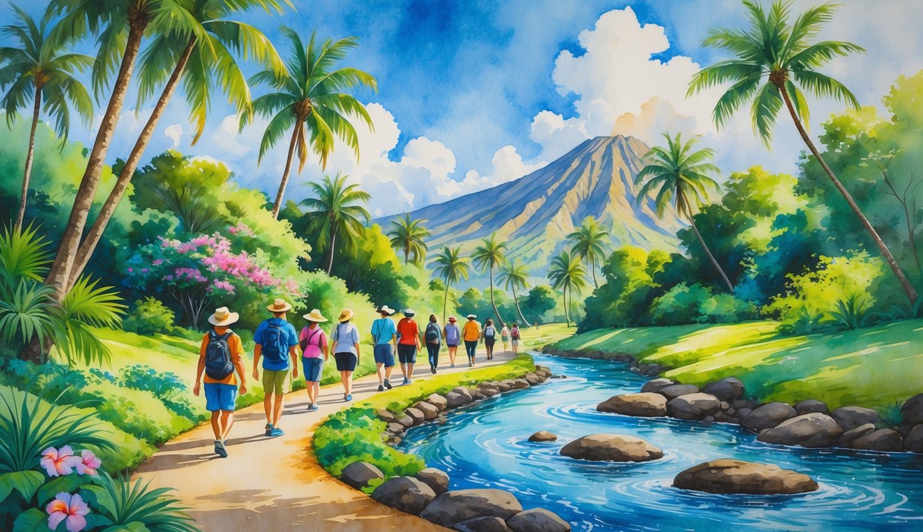 People walking along a tropical path surrounded by palm trees, flowers, mountains, and a small stream.