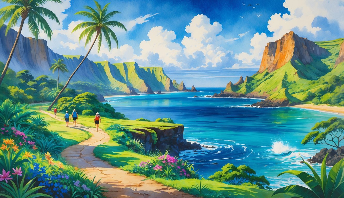 A colorful scene showing hikers walking along trails through tropical forests, volcanic mountains, beaches, and cliffs in Hawaii.