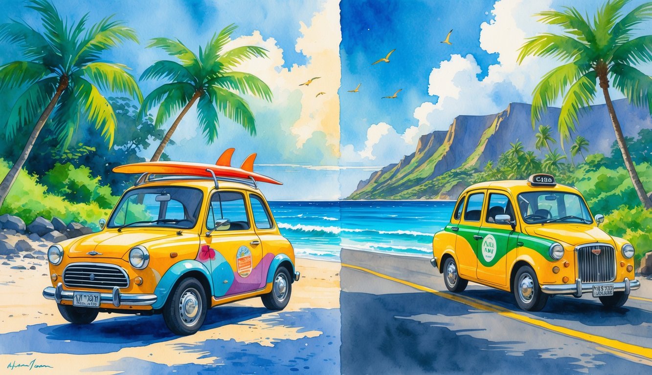 A tropical Hawaiian beach scene showing a rental car parked by palm trees and a taxi driving along a coastal road with mountains and flowers nearby.