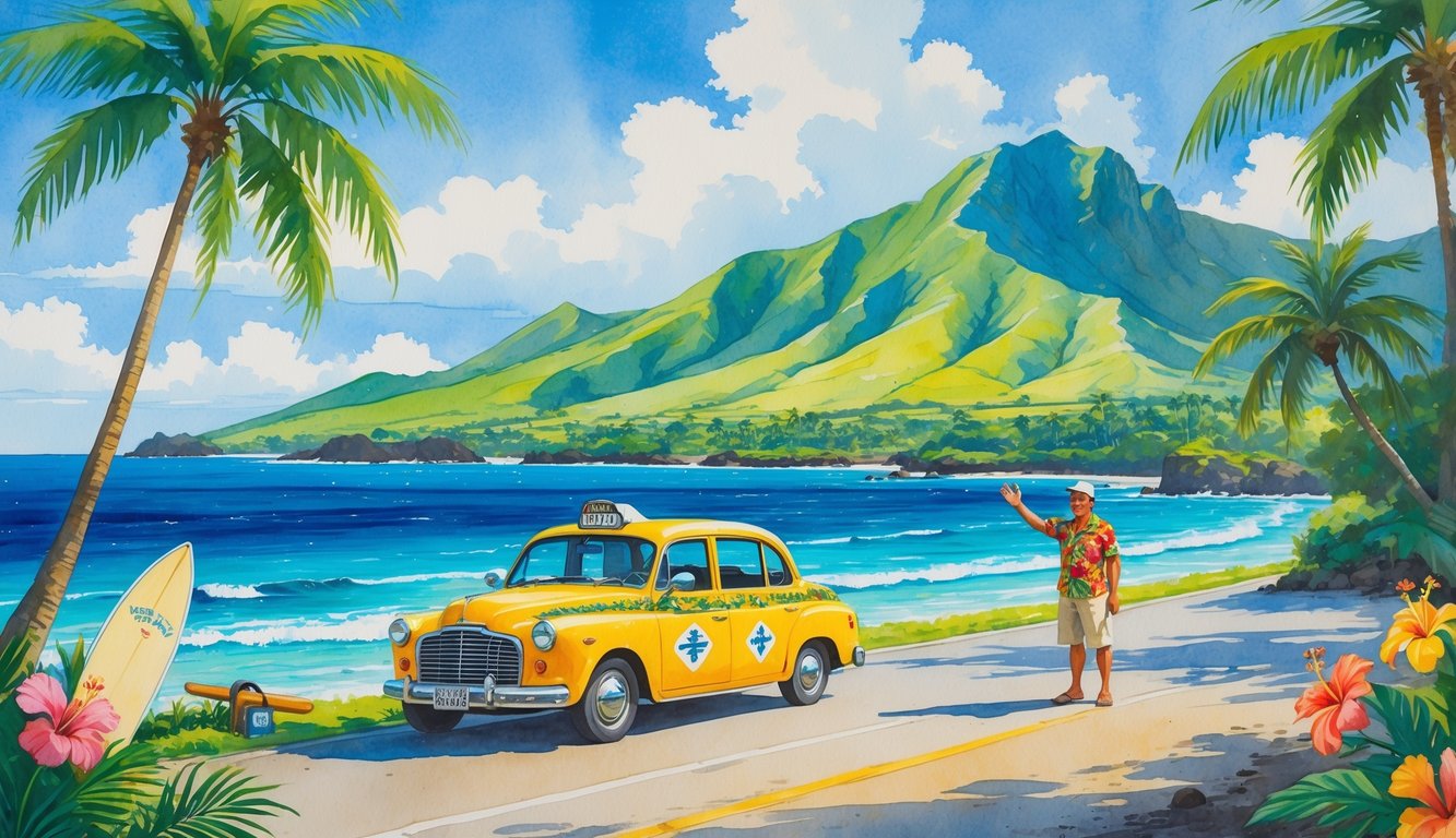 A yellow taxi parked by palm trees with a driver waving, tropical mountains and ocean in the background, surrounded by Hawaiian flowers and a surfboard.