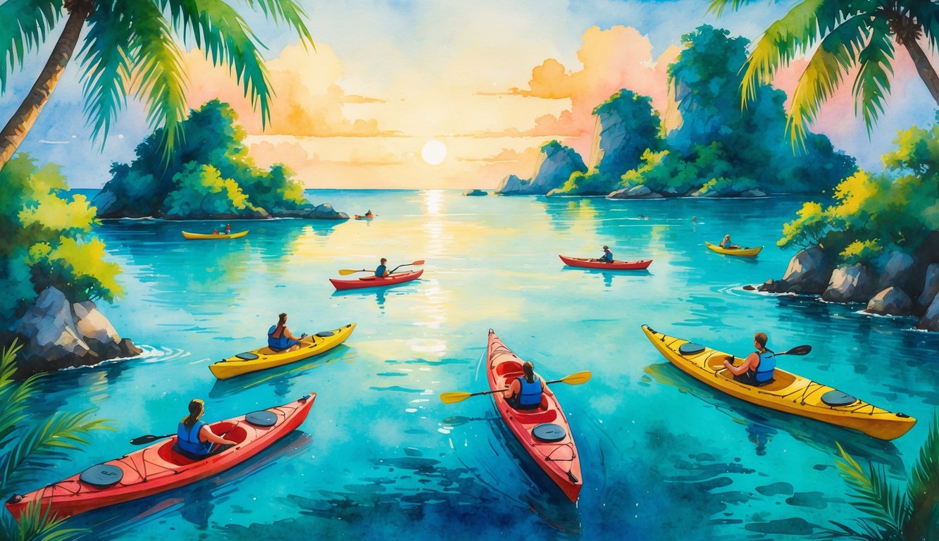 A peaceful coastal scene with colorful kayaks floating on clear blue water near small green islands under a warm sunset sky.
