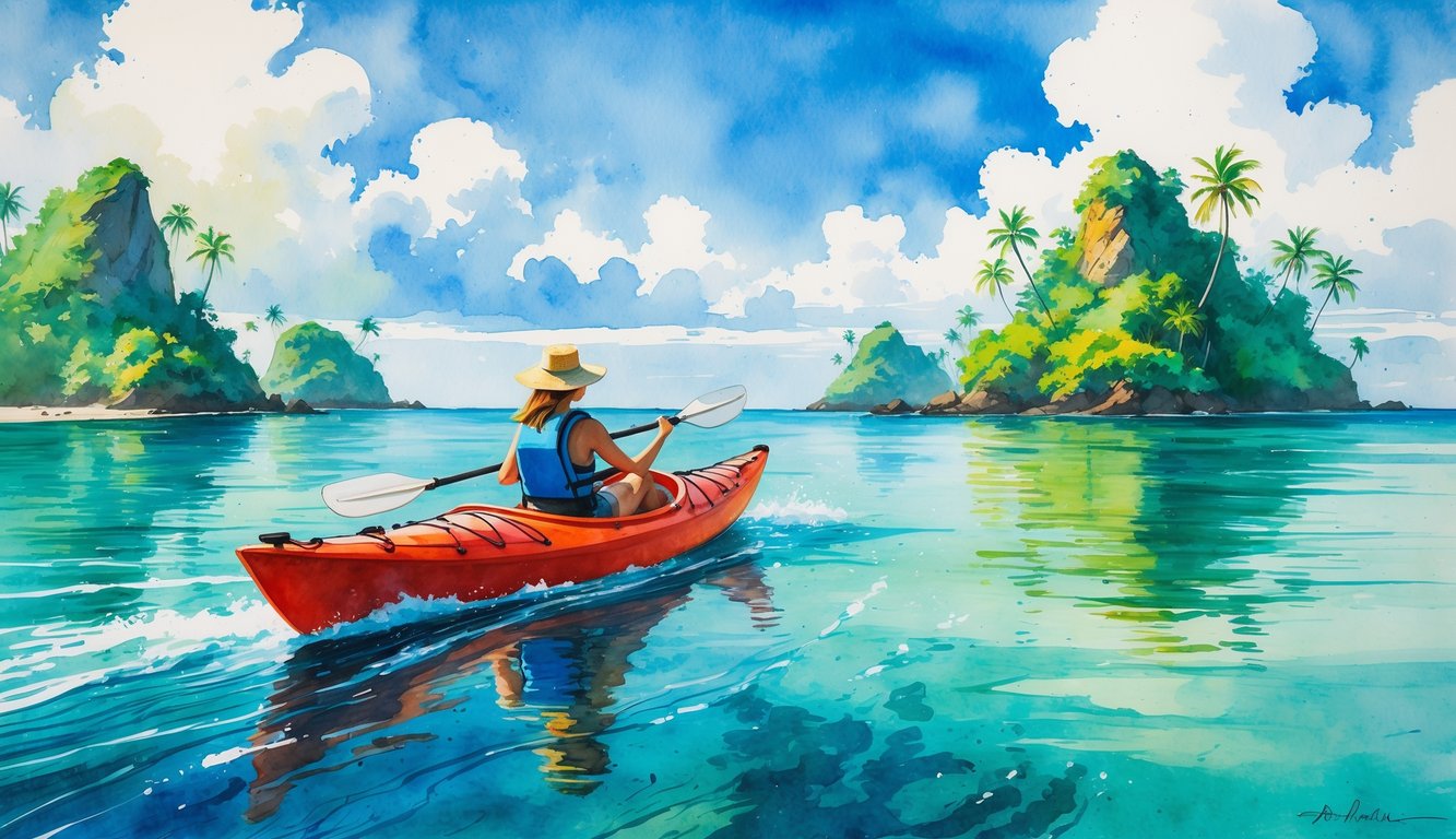A person kayaking through clear blue water surrounded by small tropical islands with palm trees and sandy beaches.