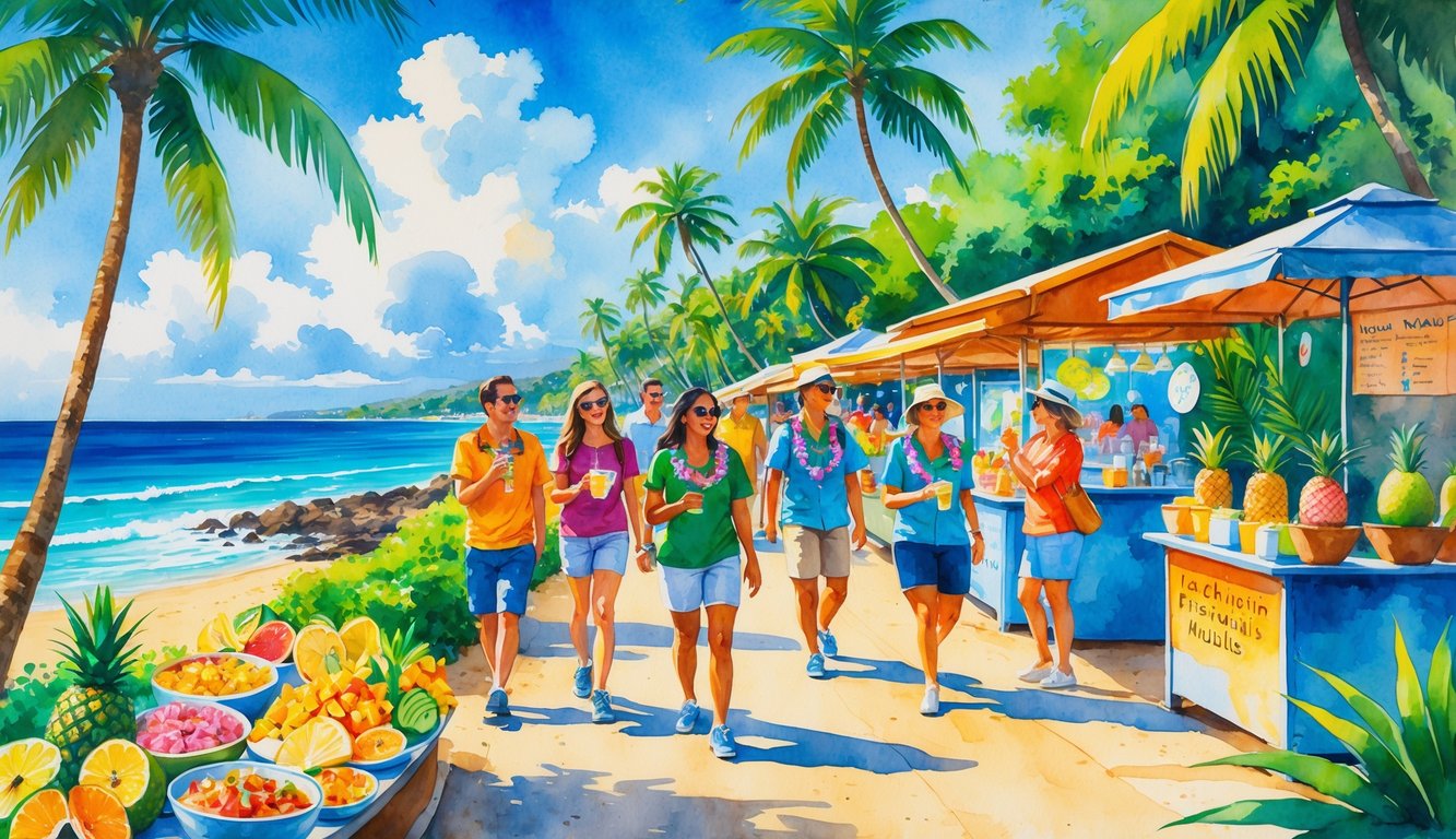 A group of tourists walking along a coastal path in Hawaii, enjoying local food and drinks from stalls surrounded by palm trees and ocean views.